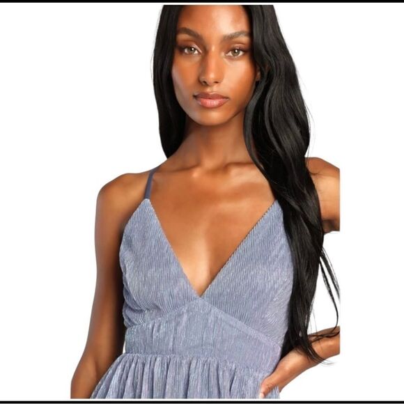 Lulus Make Your Acquaintance Blue Metallic V-Neck Skater Dress Women’s Size XS N - Picture 12 of 13